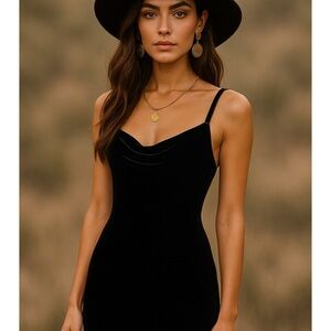 Vintage USA Made All that Jazz Black Velvet Cowl Neck Goth Jeweled Strap Dress S